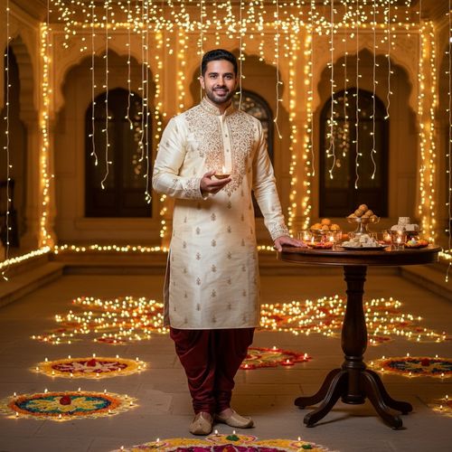 James, a refined Latin male figure aged 34, embodies the spirit of Diwali in a grand, warmly lit courtyard. He stands proudly amidst dazzling lights, wearing an intricately embroidered ivory kurta made of luxurious silk with delicate gold threadwork. His deep maroon churidar pants add a regal touch, perfectly complementing the festive atmosphere. Surrounded by shimmering rangoli patterns and cascading strings of fairy lights, he holds a traditional brass diya in one hand while the other rests on a decorative table filled with sweets and candles. The soft, warm lighting highlights the intricate details of his attire, capturing the joy and cultural pride of Diwali, inviting viewers into the festivities.