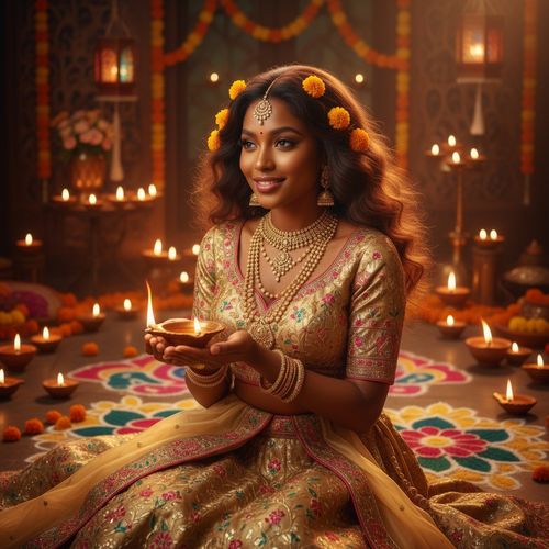 A captivating portrait of Jane, a 27-year-old Black woman embodying the spirit of Diwali, the Festival of Lights. She is adorned in an opulent lehenga made of shimmering gold silk with intricate threadwork in fuchsia and emerald hues. Layered gold necklaces and chandelier earrings catch the light, enhancing her beauty. Her soft, cascading waves of hair are adorned with fresh marigold flowers. Jane holds a traditional brass diya in her hands, radiating a serene yet joyful expression amidst an elegantly decorated space filled with flickering diyas and vibrant rangoli designs. The warm ambient lighting highlights her features and attire, creating an emotional resonance of hope, celebration, and familial love.