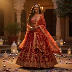 Sarah, a stunning 28-year-old black woman, embodies the spirit of Diwali in a radiant fashion editorial. She is draped in a breathtaking lehenga made from rich, hand-embroidered chiffon georgette in deep maroon and gold, shimmering like flickering diyas. Intricate golden floral motifs cascade down the skirt, complemented by a matching dupatta that frames her silhouette with ethereal elegance. Her long, dark hair flows in soft waves, adorned with a traditional maang tikka and dazzling statement earrings. Surrounded by vibrant rangoli designs and flickering lanterns in an opulent courtyard, she strikes a celebratory pose, capturing the essence of light, love, and unity. The low, warm lighting enhances her radiant smile and the details of her attire, creating an enchanting glow that makes this photo perfect for a high-fashion magazine. The image is rich in cultural heritage with contemporary flair.