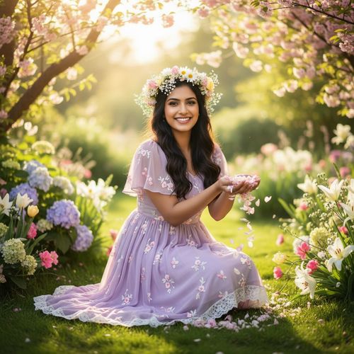 Jane, a 23-year-old Indian woman, embodies the charm of spring in an enchanting Easter editorial set in a sun-dappled garden. She wears a delicate pastel-hued chiffon midi dress, soft lavender in shade adorned with floral embroidery, fluttery sleeves, and lace finishing the hem, evoking vintage tea-party aesthetics. Styled in loose waves, her hair features a crown of daisies, tulips, and baby’s breath, giving her an ethereal, woodland fairy appearance. Surrounded by blooming flowers in soft morning light, she kneels, playfully sifting through petals. The image captures her joyful expression and serene innocence, set against a softly blurred background that enhances the scene's magical quality, radiating renewal and celebration of life, perfect for the essence of Easter.  The composition embodies Jane’s playful spirit and connection to nature with a shallow depth of field, focusing on her vibrant energy.