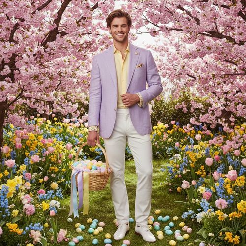 John, a striking 25-year-old white male, embodies the essence of spring in an Easter-themed photoshoot. He is dressed in a tailored pastel lavender blazer made from lightweight linen, paired with crisp white trousers and a buttercup yellow shirt beneath, with delicate floral prints peeking from the cuffs. He showcases a warm, inviting smile, with soft waves framing his face. The whimsical garden setting is filled with blossoms in full bloom and pastel-colored Easter eggs at his feet. Dappled sunlight filters through the branches, creating a soft glow. John holds a delicate wicker basket with pastel ribbons, filled with colorful eggs, capturing the joy and elegance of Easter in a light, airy composition. The overall mood is playful and stylish, perfect for a contemporary Easter editorial.