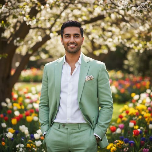 A striking portrait of Michael, a 34-year-old Indian man embodying the essence of Easter in a lush, blooming garden. He is stylishly dressed in a tailored, pastel-hued linen suit—soft mint green—paired with a crisp white shirt, no tie, and a pocket square featuring delicate floral patterns. His stance is relaxed yet poised, with one hand casually in his pocket and a soft, enigmatic smile that exudes warmth and joy. Surrounding him, vibrant blossoms and gently swaying tulips form a dreamy backdrop, enhanced by dappled sunlight filtering through the blooming trees, creating a soft chiaroscuro effect that highlights his striking features. The composition reflects the rule of thirds, with negative space accentuating his elegance, evoking feelings of hope and new beginnings in a contemporary lifestyle setting celebrating Easter.