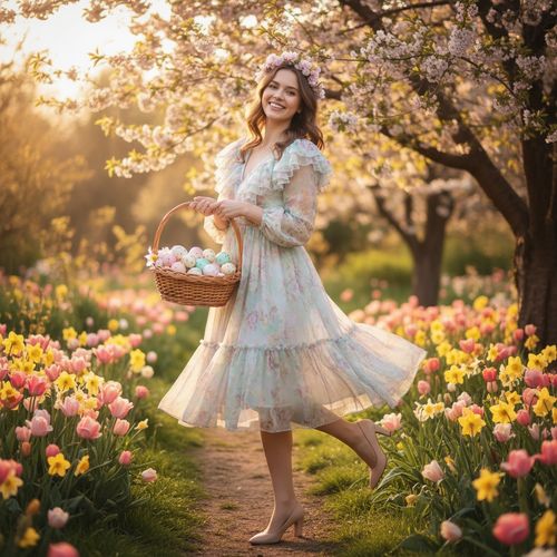 Olivia, a vibrant and youthful 23-year-old female figure, embodies the spirit of Easter in an enchanting outdoor garden setting bathed in soft, golden sunlight. She wears a pastel-hued, iridescent chiffon dress with delicate ruffle sleeves that flows into a whimsical tea-length skirt, reminiscent of blooming flowers. Adorned with a floral crown made from cherry blossoms and fresh greenery, Olivia holds a wicker basket filled with beautifully decorated eggs in soft pink, mint, and gold. Her carefree pose, one foot raised as if twirling, highlights her radiant smile amidst a lush garden of tulips and daffodils, creating an ethereal springtime fantasy. The image is a celebration of beauty and joy associated with Easter. The scene invites viewers into a whimsical world of renewal and delight.