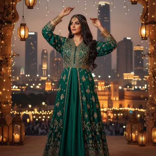 Olivia, a 35-year-old Indian woman, embodies the spirit of Eid standing gracefully against a vibrant cityscape adorned with festive lights. She wears a stunning floor-length, hand-embroidered emerald green abaya made of silk chiffon, detailed with intricate gold threadwork that shimmers softly under the warm lighting. Olivia's long, glossy hair cascades in loose waves, complemented by a delicate gold headpiece and layered gold bangles that jingle as she raises her arms. The ambiance is rich with soft lanterns glowing in the background, capturing the joyous essence of community and celebration. This elegant scene reflects a beautiful blend of tradition and modernity, suitable for a high-fashion editorial, encapsulating the warmth and beauty of Eid, enhanced by the trigger word Olivia.