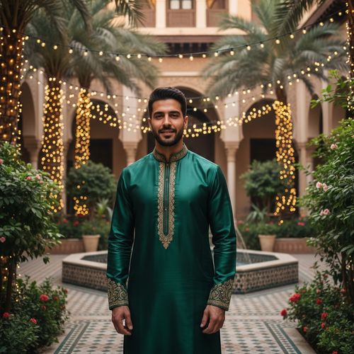 Michael, a distinguished Arab male figure aged 33, stands elegantly in an opulent courtyard adorned with lush greenery and delicate string lights during the golden hour. He is wearing a contemporary take on traditional Eid attire, featuring a tailored kurta made of luxurious silk in rich emerald green, with intricate gold embroidery along the collar and cuffs. The soft, atmospheric light enhances the details of his outfit, casting a warm glow that emphasizes his calm confidence and inviting expression. The setting reflects the festive spirit of Eid, blending cultural richness with modern elegance.