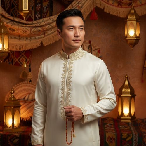 Michael, a striking Asian male figure aged 32, embodies the essence of Eid celebration in an exquisite fashion editorial setting. He is wearing a finely tailored thobe made from luxurious ivory silk, adorned with intricate gold hand-embroidered motifs and a delicate collar featuring naqsh, reflecting artisanal craftsmanship. The lavishly decorated backdrop exudes warmth with rich textiles and warm, ambient lighting, golden lanterns casting a soft glow on his regal features. He poses with grace and confidence, holding beautifully crafted prayer beads, capturing a moment of serene contemplation. This image showcases a contemporary interpretation of cultural heritage during Eid, with a narrative of celebration and gratitude, perfect for a distinguished fashion publication.