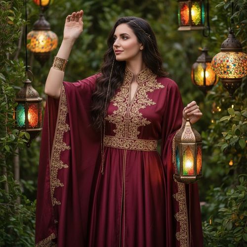Sarah, a mesmerizing 27-year-old white woman embodying the spirit of Eid, dressed in an exquisite, flowing burgundy kaftan made from silk chiffon. The kaftan features intricate gold embroidery, billowing sleeves, and a high neckline framing her face beautifully. Her long, dark hair cascades in soft waves with tiny, twinkling gold accents. Surrounded by lush greenery and radiant lanterns softly illuminating the evening dusk, she stands poised with one hand gracefully raised, showcasing a vintage gold cuff bracelet while the other hand holds an ornate lantern emitting a warm glow. The ambient light captures the richness of her attire and the surroundings, creating a dreamlike quality, evoking feelings of joy and the beauty of communal celebration during Eid.