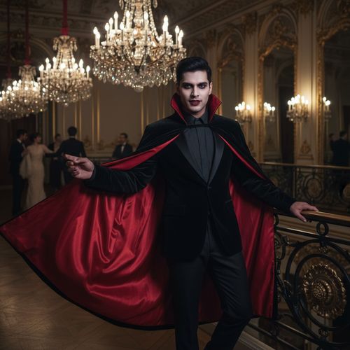 David, a striking 24-year-old male of Indian descent, embodies a modern-day vampire in a high-fashion Halloween setting. Dressed in a tailored black velvet cape lined with crimson silk, he stands in a dimly lit opulent ballroom, vintage chandeliers casting intricate shadows. His pale skin accentuates sharp cheekbones, with deep burgundy lips and smoky eye makeup, while fangs subtly peek from a captivating smile. Poised dramatically against an ornate wrought-iron railing, he invites viewers into his dark fantasy world, evoking intrigue and charisma.