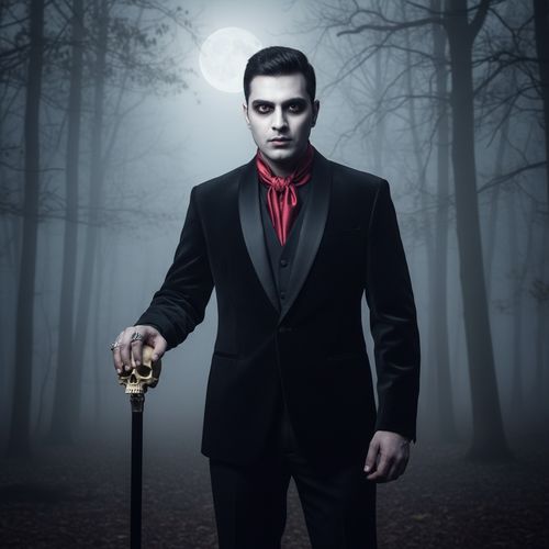 A portrait of James, a 28-year-old Indian male figure embodying the essence of a modern-day vampire. He is dressed in a tailored, charcoal black velvet tuxedo with satin lapels, standing against a misty, moonlit backdrop of a foreboding forest. His striking alabaster skin contrasts with the deep crimson silk cravat around his neck, while dark eyeliner enhances his piercing gaze. The composition features dramatic chiaroscuro lighting, emphasizing the sharp contours of his face, with one hand resting elegantly on a vintage cane adorned with a carved skull. The overall atmosphere is rich with Gothic elegance, evoking a thrilling blend of allure and danger, perfectly suited for a Halloween theme.