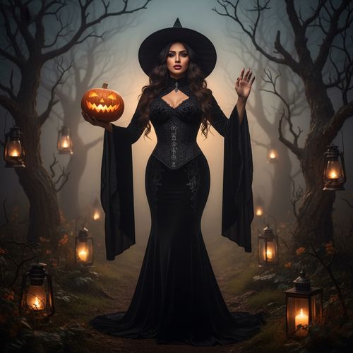 Jane, a 26-year-old Arab woman, channels the haunting elegance of a gothic witch in an avant-garde Halloween-inspired shoot. She is dressed in a floor-length black velvet gown with cascading bell sleeves and a corseted bodice, adorned with intricate lace detailing that whispers secrets of the night. A wide-brimmed black hat sits atop her voluminous waves, accentuating her striking cheekbones illuminated by ethereal backlighting. Standing in a mist-laden forest surrounded by gnarled trees and flickering lanterns, she exudes a rich atmosphere of dark romance. One hand cradles a carved pumpkin while the other gestures as if casting a spell, embodying both allure and authority. The chiaroscuro lighting emphasizes her expressive eyes, creating a powerful yet mysterious presence. This composition celebrates the fierce spirit of a modern witch, destined to become a cultural icon of Halloween, with the trigger word Jane to enhance the image.