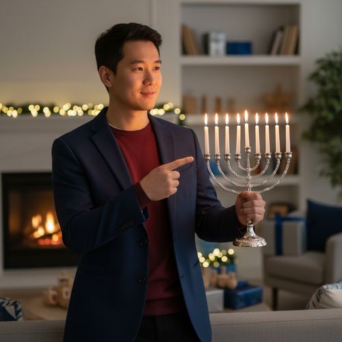 Michael, a 27-year-old Asian man exuding warmth and charm, embodies the spirit of Hanukkah in a modern, festive setting. He is dressed in a tailored navy blazer and a soft cashmere sweater in a rich merlot hue, holding a beautifully crafted menorah with its candles aglow, lighting up his thoughtful expression. The inviting living room is elegantly decorated with dreidels and gifts, creating a cozy atmosphere enhanced by soft, warm lighting reminiscent of candlelight. He stands with a casual yet poised demeanor, one hand gesturing towards the flames, signifying the importance of tradition and reflection. With a slight smile, he radiates joy and embodies family and togetherness during this cherished holiday, capturing the fusion of modernity and tradition.