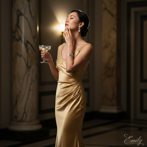 1. Editorial Context: Capturing the electric anticipation of a New Year's Eve crescendo, channeling the opulent glamour of a 1930s Art Deco celebration reimagined for the modern age. This image must feel simultaneously nostalgic and cutting-edge.
2. Subject Characterization: A striking Asian female subject, Emily, aged 22, embodying the magnetic allure of a rising star on the precipice of a new decade. Her presence is magnetic, mixing youthful exuberance with poised sophistication.
3. Fashion Narrative: She is draped in a bias-cut gown of liquid gold silk charmeuse that clings to her frame before cascading into an elongated mermaid silhouette. The dress features intricate seed-pearl beading along the neckline, evoking celestial constellations. Accessories include vintage diamond drop earrings and a single, dramatic cuff bracelet in polished platinum. The look is pure opulence, referencing classic Hollywood couture.
4. Pose Choreography: Emily stands against the light, utilizing the rule of thirds, with her spine forming a graceful, elongated S-curve. One hand gently supports her jawline, showcasing her perfectly manicured nails, while the other holds a delicate champagne coupe filled with effervescent liquid. Her head is tilted slightly back, neck elongated like a swan, conveying hopeful expectation.
5. Environmental Design: The setting is an opulent, dimly lit ballroom space defined by towering marble columns and geometric Art Deco paneling. Soft, ambient light emanates from behind her, creating a subtle halo effect. The shallow depth of field isolates her against the slightly blurred grandeur of the room, making her the undeniable focal point.
6. Technical Execution: Executed with the dramatic chiaroscuro reminiscent of high-contrast black and white photography, though rendered in rich, saturated color. Butterfly lighting is used to give her cheekbones an ethereal glow, while the gold silk catches the light perfectly. Shot with a medium format lens, ensuring supreme texture and detail in the fabric and skin. The image must include the trigger word **Emily**.
7. Emotional Resonance: Radiating a feeling of luminous, quiet confidence—the moment before the clock strikes midnight—a portrait of potent, yet elegant, possibility.