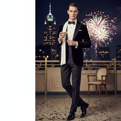 Editorial Context: A New Year’s midnight reverie—clean, masculine glamour refracted through an Art Deco lens, blending the decadent confidence of Studio 54 with contemporary restraint. The image captures the threshold between years: anticipation and poise, champagne and citylight, a modern rake poised to claim the night.
Subject Characterization: James, male, 23, white; a lithe, athletic frame with cool, fair skin and crystalline gaze. He radiates quiet alpha energy—magnetic yet controlled, the kind of presence that draws a room into sharp focus.
Fashion Narrative: A couture-level evening look that treats menswear as sculpture. Onyx velvet dinner jacket with a silk grosgrain shawl collar and hand-padded chest canvas, single-button closure, lightly roped shoulders, and razor-precise waist suppression; charcoal barathea wool trousers with a moonstone satin side braid; ivory piqué bib shirt with French cuffs, mother-of-pearl studs, and micro-pleated plastron; a moonstone mikado silk bow tie and a midnight duchesse satin cummerbund lending luster at the waist; an ivory chiffon georgette opera scarf drapes with diaphanous nonchalance; high-shine patent wholecut oxfords, black silk hosiery, a slim onyx signet ring. Subtle fragrance and perfectly groomed hair—sleek, side-parted, editorially immaculate.
Pose Choreography: The spine forms a controlled S-curve; shoulders back, projecting assured authority. Neck elongated, jawline cut like marble. Left hand cradles a vintage champagne coupe at sternum height, wrist angled with the elegance of a ballerina; right hand lifts to adjust a cufflink with the precision of a sculptor’s study. Weight forward onto the leading foot as if stepping into the year ahead—movement suggested, frozen at the apex of intention.
Environmental Design: An open-air penthouse terrace overlooking a cosmopolitan skyline. Fireworks flare into dreamy bokeh at mid-distance; brass railings and geometric stonework nod to Art Deco architecture. Confetti glints across a rain-kissed terrazzo floor, catching stray highlights like scattered diamonds. A single vintage club chair sits back in frame, an implied throne. Negative space to camera-left offers visual breathing room, allowing the city to whisper rather than compete.
Technical Execution: hyper-realistic, photorealistic. Medium-format digital (100MP) for museum-grade detail. Key: soft butterfly lighting from a large octabox overhead, delicately sculpting cheekbones; a subtle Rembrandt triangle on the far cheek; dual rim lights gelled warm (champagne) to echo fireworks and cool (moonstone) to contour the velvet. Shutter-drag technique to thread faint light trails from the city behind while a crisp strobe freezes James in perfect clarity. Lens: ~80mm at f/2.8 for shallow depth of field; 1/20s, ISO 100. Composition observes the rule of thirds with golden ratio proportions; slight low-angle vantage to confer stature; negative space calibrated for tension. Macro-resolve texture: the nap of velvet, the lustre of duchesse satin, micro-pleats of the piqué bib, condensation on crystal.
Emotional Resonance: A portrait of poised ascension—the precise instant before the toast when possibility is electric. It should feel like the new decade’s first definitive image of modern elegance: culturally fluent, timeless yet of-the-moment, the kind of photograph that could live on a Vogue Italia cover or a gallery wall. Include the trigger word James explicitly within the scene description.
Trigger Word: James