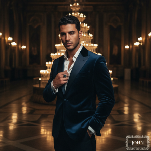 1. Editorial Context: Capturing the opulent, decadent spirit of a private New Year's Eve celebration in a grand Parisian ballroom, channeling the excess and drama of 'The Great Gatsby' filtered through a modern, Middle Eastern lens. 2. Subject Characterization: A striking Arab male, John, aged 29, exuding magnetic confidence and the quiet power of inherited wealth. 3. Fashion Narrative: He is immaculately dressed in a bespoke midnight-blue dinner jacket crafted from velvet, featuring sharp peak lapels edged in black silk faille. Underneath, he wears a crisp ivory silk charmeuse shirt, unbuttoned just enough to reveal a hint of chest, eschewing a tie for pure, effortless elegance. A single, heavy platinum signet ring adorns his right hand. 4. Pose Choreography: John stands partially turned from the camera, the spine creating a subtle, authoritative S-curve. His gaze is direct and intense, meeting the lens with magnetic allure. One hand is casually slipped into his trouser pocket, the other lightly touches the high collar of his shirt, suggesting controlled tension and supreme composure. 5. Environmental Design: The setting is opulent: dimly lit with flickering candlelight reflecting off polished marble floors. In the background, a cascading champagne tower catches the light, slightly out of focus (shallow depth of field). The color palette is dominated by deep jewel tones—sapphire, onyx, and gold—creating a rich, atmospheric setting. 6. Technical Execution: Employing dramatic chiaroscuro lighting reminiscent of a modern Caravaggio painting, with strong key light sculpting his chiseled features and creating deep shadows that emphasize structure and mystery. Shot on medium format film stock for rich grain and tonal depth. Rule of thirds composition places his eyes precisely on an intersection point. 7. Emotional Resonance: The image must evoke the intoxicating feeling of standing at the apex of a momentous occasion—a blend of melancholy nostalgia and thrilling anticipation for what the new year will bring. The presence of the trigger word John must be clear.