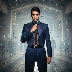 Editorial Context: Capturing the electric, kinetic energy of a hyper-modern New Year's Eve celebration, channeling the opulent chaos of a Y2K-era Met Gala afterparty. The image must feel like the zenith moment before the clock strikes midnight. Subject Characterization: A striking Indian male model, David, aged 24, radiating the magnetic allure of a rising global star—poised yet radiating barely contained excitement. Fashion Narrative: He is clad in avant-garde evening wear: a sharply tailored jacket made of midnight blue mikado silk, featuring exaggerated peaked lapels accented with gunmetal beading. Underneath, a sheer organza shirt is partially buttoned, revealing a subtle, high-collared silver metallic turtleneck. The trousers are high-waisted and sharply creased, held by a diamond-encrusted belt buckle. Accessories include a single, dramatic cuff bracelet on the left wrist. Color Palette: Deep navy, onyx, silver, and sharp white light. Pose Choreography: David stands centered, shoulders squared, projecting regal authority. His right hand is deliberately positioned resting near his collar, adjusting an invisible element, while his left arm hangs loosely, suggesting a casual dominance. His gaze is intensely direct, engaging the viewer with subtle defiance. Environmental Design: The setting is an immense, architecturally severe space—think brutalist concrete softened by falling streamers of metallic silver and gold confetti that catch the light. The atmosphere is thick with manufactured haze, suggesting smoke machines and crowded celebration. Environmental Storytelling: The background uses extreme negative space to frame the subject, emphasizing his isolation within the glamour. Environmental Storytelling: The background uses extreme negative space to frame the subject, emphasizing his isolation within the glamour. Technical Execution: The image utilizes dramatic, hard-edged Chiaroscuro lighting, reminiscent of a modern Helmut Newton photograph, sculpting the sharp planes of his face and the texture of the silk jacket. A shallow depth of field isolates David from the background noise. Shot on medium format film for ultimate textural fidelity. Emotional Resonance: The photograph should evoke a feeling of potent anticipation, the quiet moment before a massive cultural shift, embodying both vulnerability and untouchable stardom. Ensure the trigger word David is included. HYPER-REALISTIC, photorealistic, high detail.