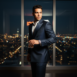 1. Editorial Context: Capturing the high-octane, electric glamour of New Year’s Eve at a penthouse overlooking a glittering metropolis, channeling the opulent, hedonistic spirit of 1980s New York society—a moment frozen between anticipation and celebration. 2. Subject Characterization: A strikingly handsome Latin male, Michael, aged 25, exuding the magnetic allure and quiet confidence of a young titan of industry. 3. Fashion Narrative: He is impeccably dressed in bespoke tailoring: a midnight navy mikado silk tuxedo jacket with razor-sharp peak lapels, paired with trousers cut on the bias for fluid movement. A single, flawless diamond stud catches the light on his ear. The look is opulent yet controlled, embodying modern aristocracy. 4. Pose Choreography: Michael is captured mid-turn, the fabric of his jacket suggesting dynamic tension. His posture is regal; the spine elongated, shoulders squared, projecting an air of effortless authority. One hand rests casually on a crystal glass filled with amber liquid, the wrist positioned with practiced ease. 5. Environmental Design: The setting is a minimalist, architectural penthouse interior, dominated by expansive floor-to-ceiling windows displaying the shimmering chaos of the city lights below—the perfect foil of negative space framing his silhouette. 6. Technical Execution: The image utilizes dramatic chiaroscuro lighting, with a strong key light simulating a flashbulb, sculpting the strong lines of his jaw and cheekbones. The composition follows the rule of thirds, placing Michael slightly off-center to enhance the visual depth created by the blurred city lights in the background (bokeh). Shallow depth of field isolates him from the background noise. 7. Emotional Resonance: The image must convey sophisticated longing and untamed ambition, the feeling of being the most important person in the room, right before the clock strikes midnight. The photograph must scream 'iconic status.' Michael