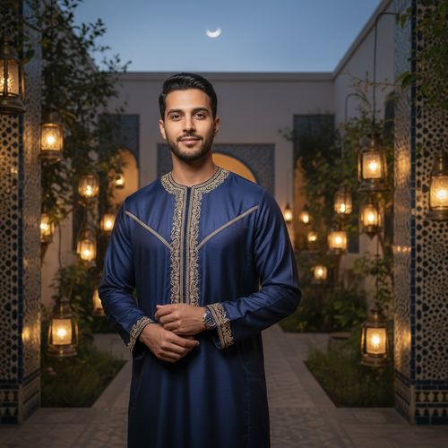James, a 30-year-old distinguished Arab male figure epitomizing contemporary elegance during Ramadan. He is clad in a meticulously tailored deep navy thobe made from luxurious silk, with intricate hand-embroidered gold accents glinting softly under ambient lighting. His stance is dignified yet approachable, hands gently clasped, set against a beautifully adorned courtyard filled with lush greenery and ambient lanterns casting a warm glow. Traditional geometric patterns enrich the background, evoking the rich cultural heritage of Islamic art. The soft yet focused twilight lighting envelops him, enhancing the calm assurance in his thoughtful eyes and gentle smile, embodying the spirit of reflection and gratitude that defines this holy month.