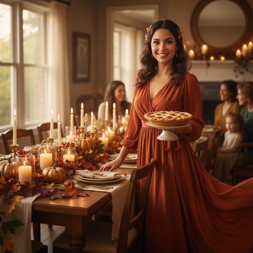 Jane, a 26-year-old Latina woman embodying modern femininity, stands in the center of a beautifully adorned Thanksgiving dining table. The table features rich fall-themed décor with golden pumpkins, lush garlands of leaves, and flickering candlelight. She wears an elegant rust-colored chiffon wrap dress that sways gently, reflecting autumn hues. Her hair is styled in soft, loose waves with tiny golden leaves, complemented by natural makeup emphasizing her radiant complexion and deep brown eyes. Soft, natural lighting filters from a nearby window, enhancing the cozy atmosphere. Jane extends one arm, offering a delicious pumpkin pie, symbolizing festivity and gratitude, inviting viewers into a serene and vibrant Thanksgiving tableau. The emotional resonance emphasizes connection and togetherness during the holiday season.