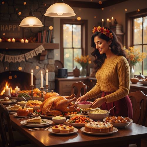 Jane, a 29-year-old Indian woman, embodies the warmth and festive spirit of Thanksgiving in a cozy, elegantly styled kitchen. She wears a golden-hued cashmere sweater with delicate cable knit details and tailored burgundy trousers. Her loose wavy hair, adorned with a headband of autumn leaves, complements the soft, earthy palette reflecting the season. In the foreground, she artfully arranges a wooden dining table set with a lavish spread including roasted turkey, cranberry sauce, and pumpkin-spiced desserts, all bathed in soft, golden lighting that enhances the inviting ambiance. Ethereal bokeh highlights add a dreamlike quality, capturing a joyful anticipation for the celebration.