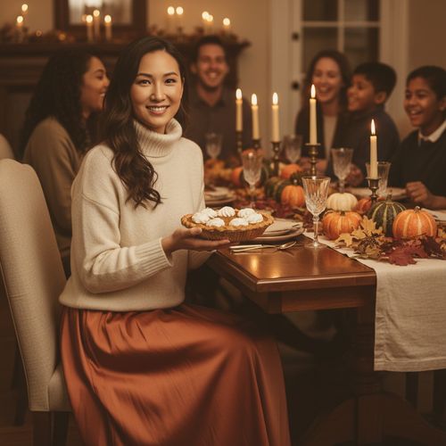 Olivia, a 33-year-old Asian woman, exuding warmth and grace in a radiant Thanksgiving setting. She wears a sumptuous ivory cashmere turtleneck and a flowing burnt orange silk maxi skirt, styled with loose, romantic waves in her hair. Surrounded by a beautifully arranged dining table decorated with vivid gourds, golden leaves, and taper candles, she cradles a freshly baked pumpkin pie, inviting warmth and togetherness. Soft, flickering candlelight envelops her, capturing the cozy intimacy of the Thanksgiving gathering, creating a nostalgic and warm atmosphere.