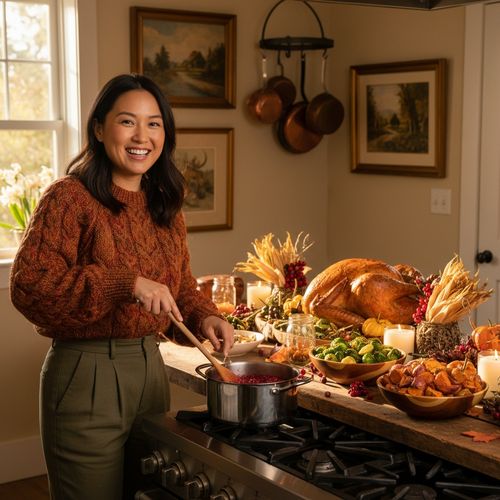 Emily, a 34-year-old Asian woman, embodies the spirit of Thanksgiving in a warm, inviting kitchen, wearing a rich, earthy-toned hand-knit sweater in autumnal hues of burnt sienna and pumpkin spice, paired with tailored high-waisted olive green trousers. She is smiling while stirring a pot of simmering cranberry sauce on the stove, surrounded by seasonal decor with a rustic wooden table laden with a beautifully roasted turkey and vibrant autumn vegetables. The scene is illuminated by golden hour sunlight, creating a warm, inviting atmosphere that evokes gratitude and togetherness. The composition follows the rule of thirds, enhancing the festive essence of the moment.