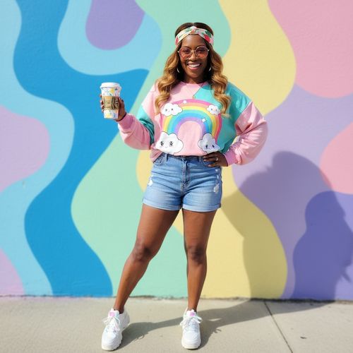 Cheerful woman wearing a colorful rainbow sweater and denim shorts, holding a coffee cup, standing in front of a vibrant abstract mural.