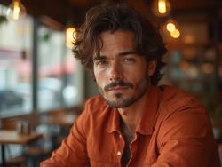 Portrait of a man with curly hair and a beard, wearing an orange shirt, sitting in a cozy café with warm lighting.