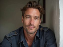Portrait of a rugged man with tousled hair and a denim jacket, looking directly at the camera, conveying confidence and charisma.