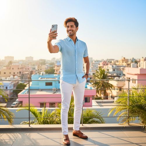 Smiling young man in a light blue shirt and white pants taking a selfie on a rooftop with a vibrant city skyline in the background during sunset.