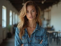 Stylish young woman with long blonde hair wearing a denim jacket, posing confidently in a contemporary loft setting.