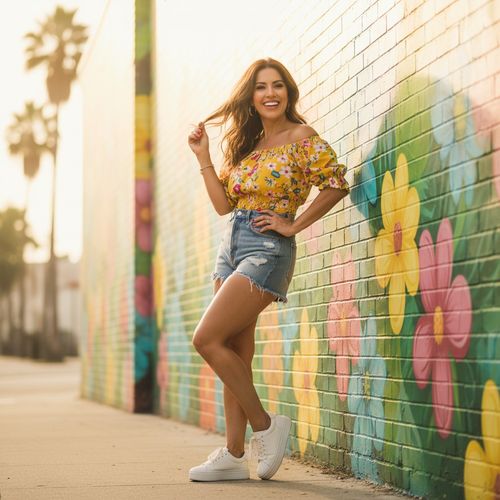 Woman in a yellow floral off-the-shoulder top and denim shorts posing cheerfully in front of a vibrant flower mural at sunset.