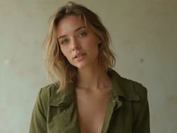 Portrait of a young woman with tousled hair wearing an olive green jacket, against a neutral background, conveying a natural and approachable vibe.