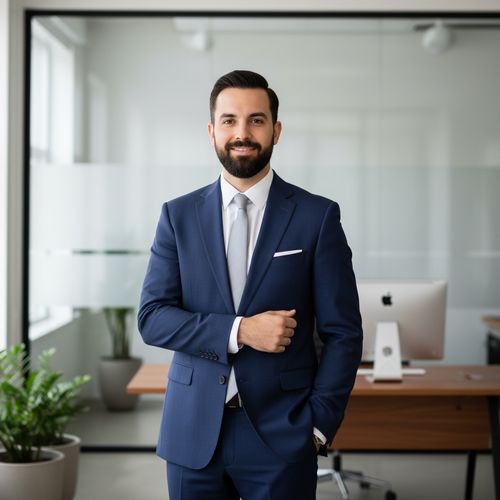 A confident businessman in a well-fitted navy suit and light gray tie, standing in a modern office with a wooden desk and an Apple computer in the background.