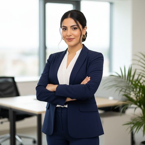 Confident young professional woman in a blue suit, standing with arms crossed in a modern office space with large windows and greenery.