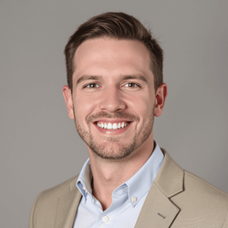 A professional portrait of John, a 25-year-old male, set against a neutral background typical for LinkedIn profiles. He is wearing a smart-casual outfit, smiling confidently at the camera, projecting a professional demeanor. The lighting is soft to highlight his features, maintaining a clean and polished look suitable for a networking site.
