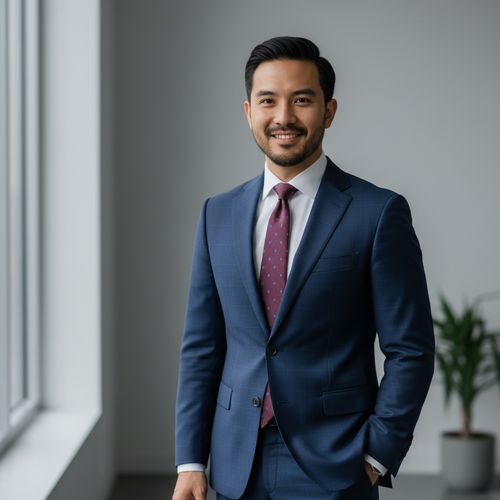 Professional man in a blue suit and patterned tie smiling confidently in a modern office setting with large windows and a green plant in the background.