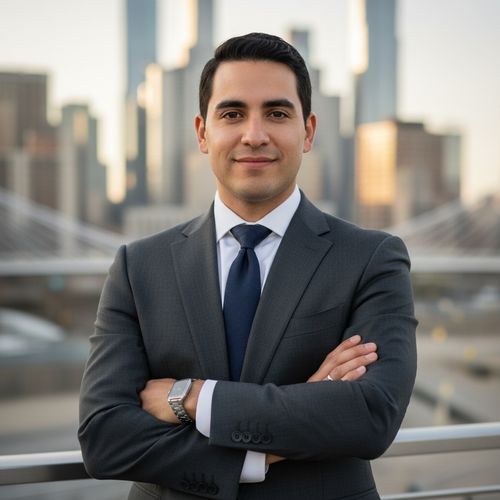 Professional man in a suit with arms crossed, standing in front of a city skyline at sunset.