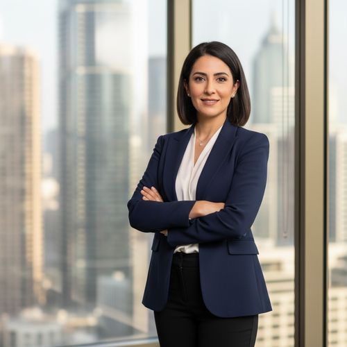Professional woman in a navy blazer standing confidently with arms crossed, overlooking a city skyline from a modern office window.