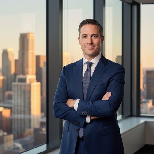 Business professional in a blue suit standing confidently with arms crossed, against a city skyline backdrop during sunset.