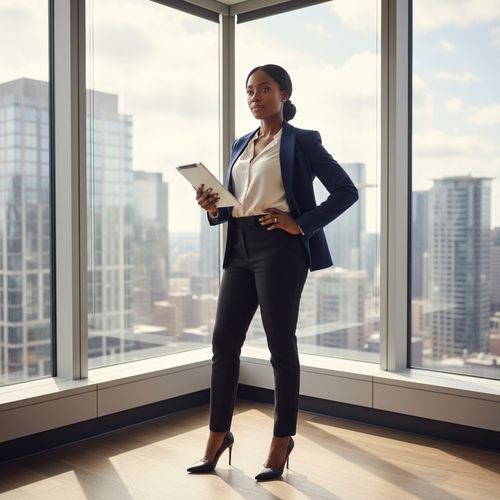Businesswoman in a blue blazer and black pants stands confidently by a large window overlooking a city skyline, holding a tablet.
