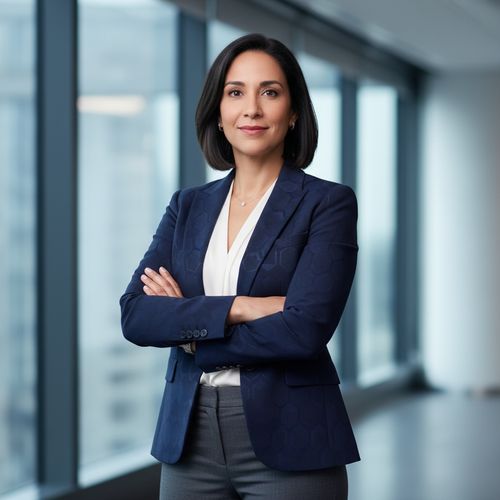 Confident businesswoman in a navy blazer and white blouse, standing with arms crossed in an office setting with large windows.