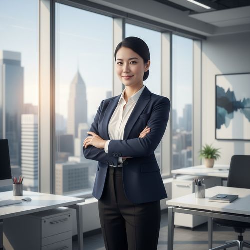 Businesswoman in a navy suit confidently posing with arms crossed in a modern office setting, showcasing a city skyline through large windows.