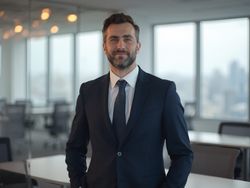 David, a professional male in his 25s, dressed in a tailored suit, confidently standing in a modern office setting. With a relaxed posture and a slight smile, he embodies professionalism and approachability, surrounded by sleek office furniture and a city skyline visible through large windows. The lighting is bright and inviting, enhancing the atmosphere of ambition and success.