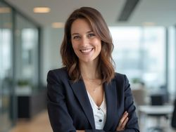 A 30-year-old woman, Jane, dressed in a professional business attire, standing confidently in an office setting. She has shoulder-length brown hair and a warm smile. The background features a modern office environment with sleek furniture and large windows letting in natural light, emphasizing her professionalism and approachable demeanor.
