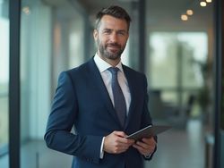 A 40-year-old male professional named John, dressed in a sharp business suit with a tie, standing confidently in a modern office environment. The background features sleek glass walls and contemporary decor, conveying a sense of professionalism and success. Natural light filters through the large windows, highlighting John's focused expression as he engages with a tablet in hand, ready for a meeting.