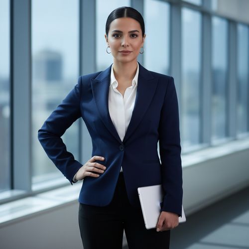 Professional woman in a blue suit stands confidently in an office with large windows, holding a tablet and looking directly at the camera.
