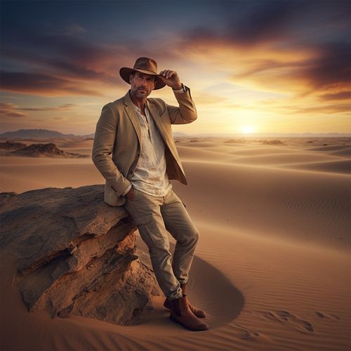 A striking male figure, Michael, aged 29, embodies the rugged elegance of a desert nomad in a windswept desert landscape during golden hour. His chiseled features and sun-kissed skin resonate with the spirit of a modern wanderer, dressed in a tailored sand-colored utility jacket, lightweight cargo trousers, and rich cognac leather ankle boots. Leaning against a rugged outcrop, he casually touches the brim of his wide-brimmed fedora, exuding confidence. The landscape features rolling dunes silhouetted against a vibrant sunset, with a transition from warm golds to deep indigos, creating a captivating atmosphere of adventure and introspection.