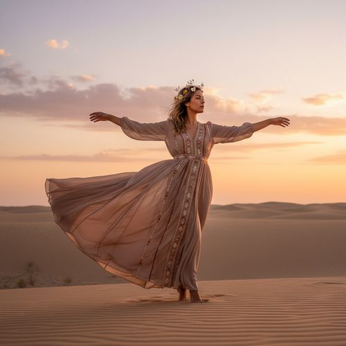 Sarah, a 26-year-old Latin woman, stands majestically in a vast desert landscape at golden hour, embodying a modern-day nomadic queen. She wears a flowing, earth-toned chiffon georgette gown that billows in the warm breeze, showcasing delicate hand-embroidered tribal patterns. Sun-kissed skin glows in the amber light, her sun-bleached hair adorned with small desert flowers. Barefoot and regal, she extends her arms towards the vastness, surrounded by gently curving sand dunes. The composition captures expansive skies and evokes feelings of freedom and introspection, forming a visual poem of strength and adventure. The shot is ideal for a prestigious magazine or art gallery.