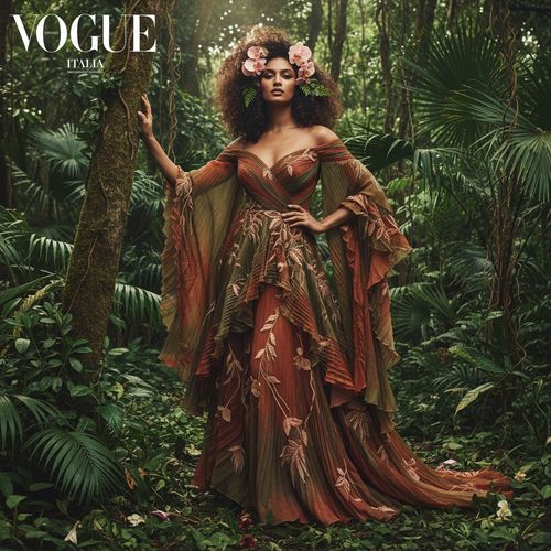 Jane, a fierce 31-year-old Indian female model, poised like a modern-day Amazon amidst a lush, tropical jungle. She wears an off-shoulder gown crafted from chiffon georgette in rich, earthy tones, featuring hand-pleated cascades and intricate leaf motifs. Her wild curls, intertwined with delicate orchids, enhance her ethereal allure. Dappled soft lighting cuts through the foliage, creating a chiaroscuro effect that highlights her strong features. Towering palm fronds frame her figure, emphasizing her commanding presence and celebrating the harmony between woman and wilderness, perfect for the pages of Vogue Italia.