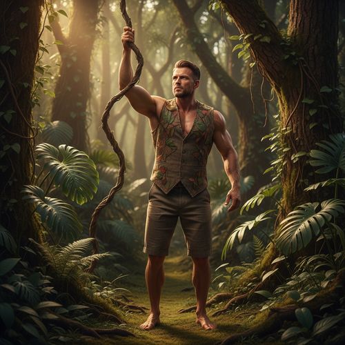 Michael, a powerful white male figure aged 34, stands barefoot on the moss-covered jungle floor, embodying the essence of a modern-day Tarzan. He is clad in an organic, earth-toned outfit made of lightweight linen, featuring a sleeveless vest with intricate leaf motifs and tailored shorts that accentuate his muscular build. The scene is bathed in golden, dappled sunlight filtering through the dense canopy, casting dramatic shadows across his chiseled features. His expression reflects fierce determination, and he reaches for a vine, suggesting a dynamic movement that showcases his connection with nature. Surrounded by vibrant greens and textured browns of the jungle, this image captures the essence of adventure and masculinity, inviting viewers into a wild world where nature reigns supreme. **Trigger word: Michael**